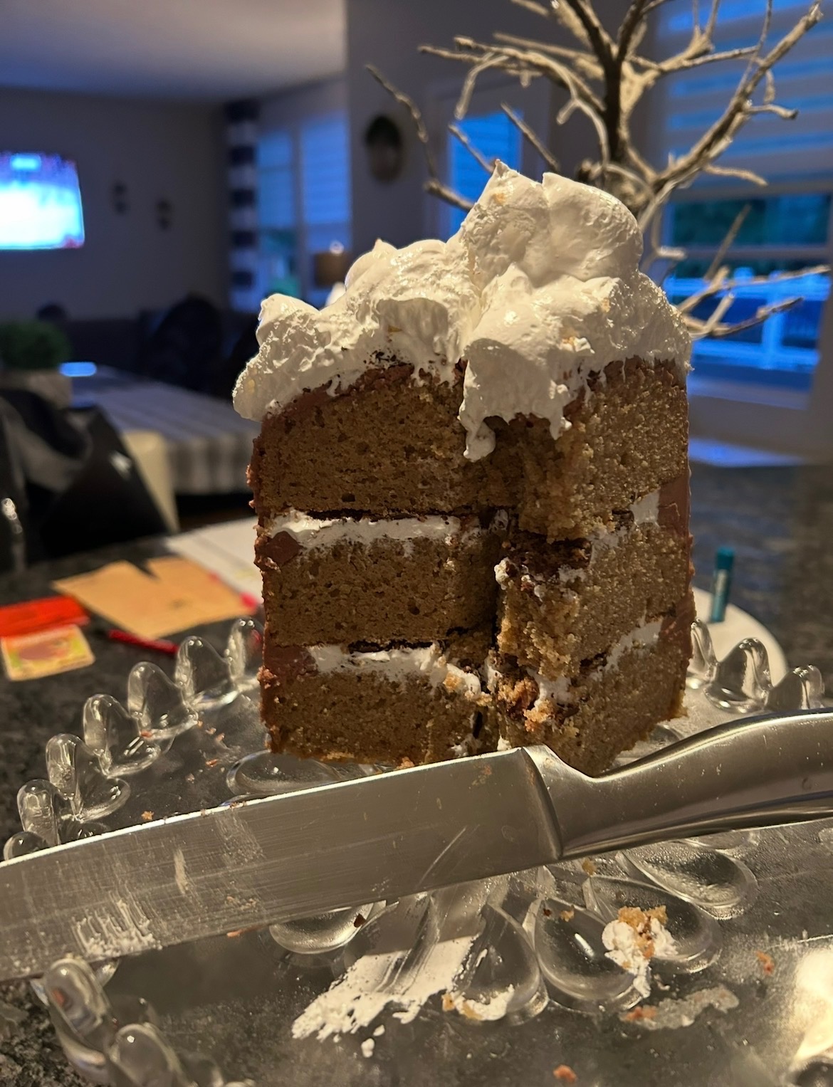 Three-layer cake with fluffy topping